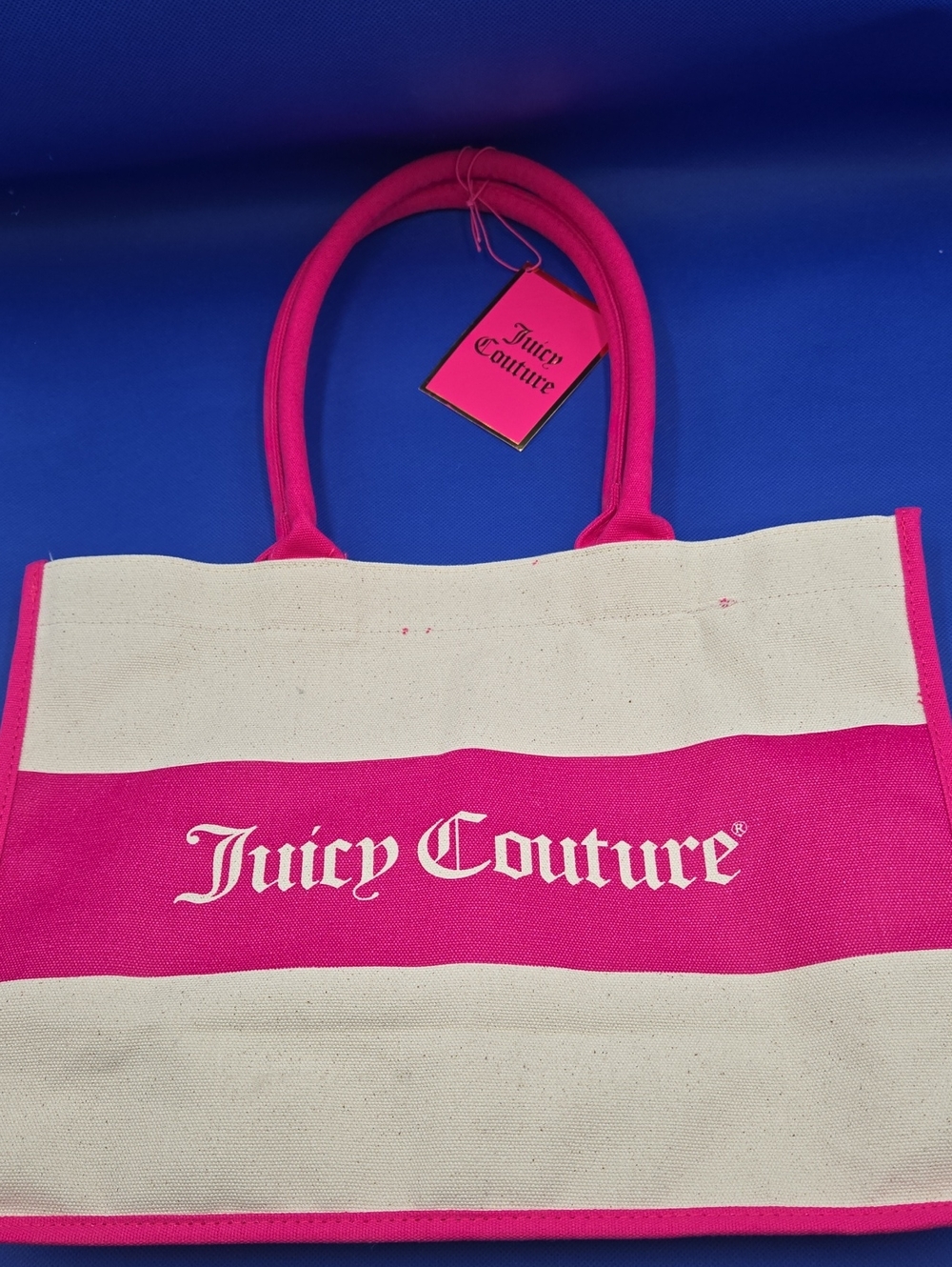 Juicy Couture Hot Pink and Cream Striped Canvas Tote